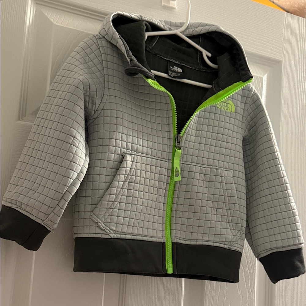 The North Face Kids Light Gray Hoodie with Neon Green Accents